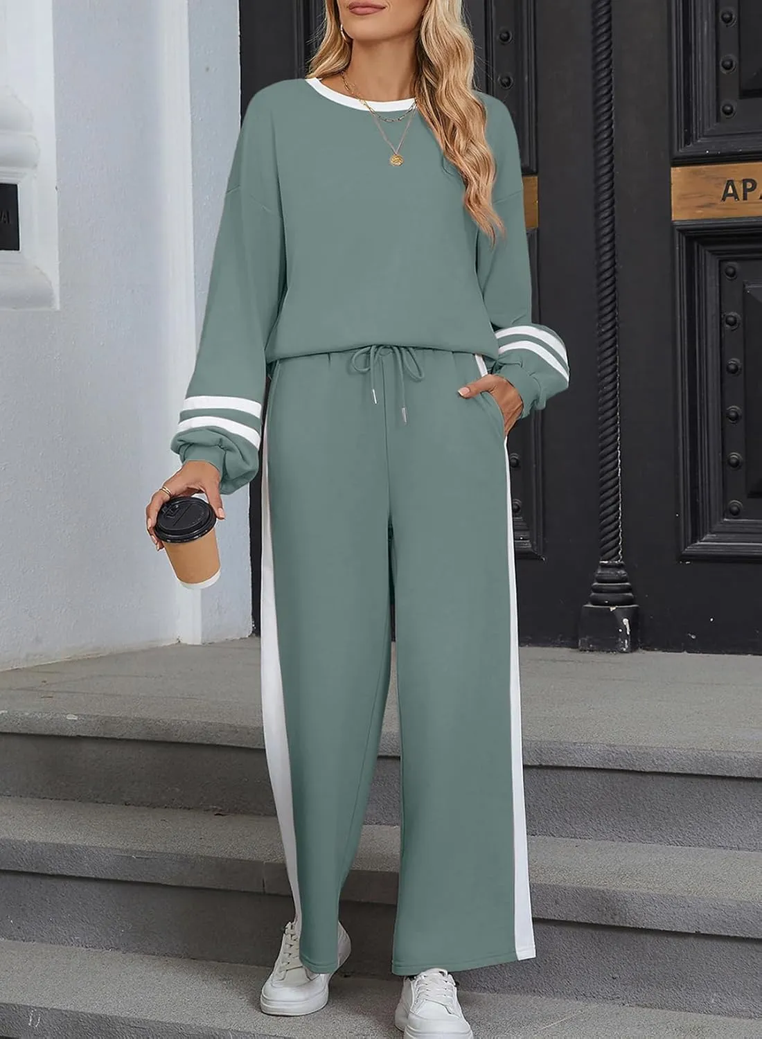 SHEWIN Women's 2 Piece Lounge Sets For Women Casual Striped Long Sleeve Tops and Wide Leg Pants Matching Set