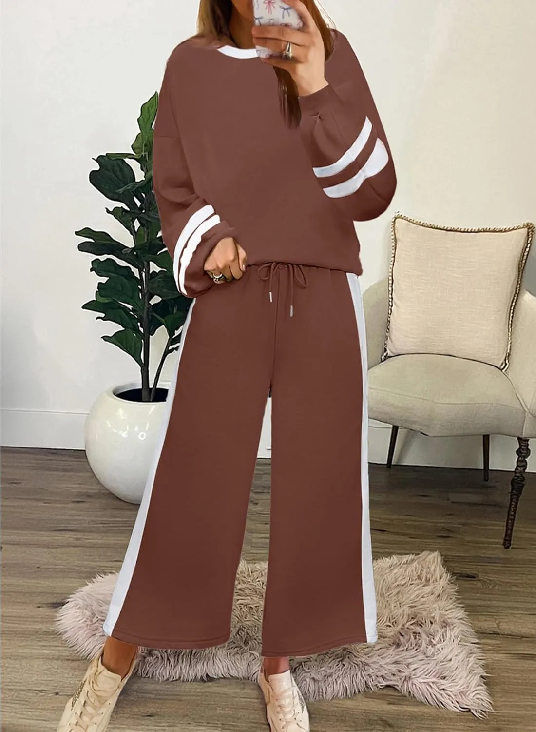 SHEWIN Women's 2 Piece Lounge Sets For Women Casual Striped Long Sleeve Tops and Wide Leg Pants Matching Set