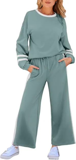 SHEWIN Women's 2 Piece Lounge Sets For Women Casual Striped Long Sleeve Tops and Wide Leg Pants Matching Set