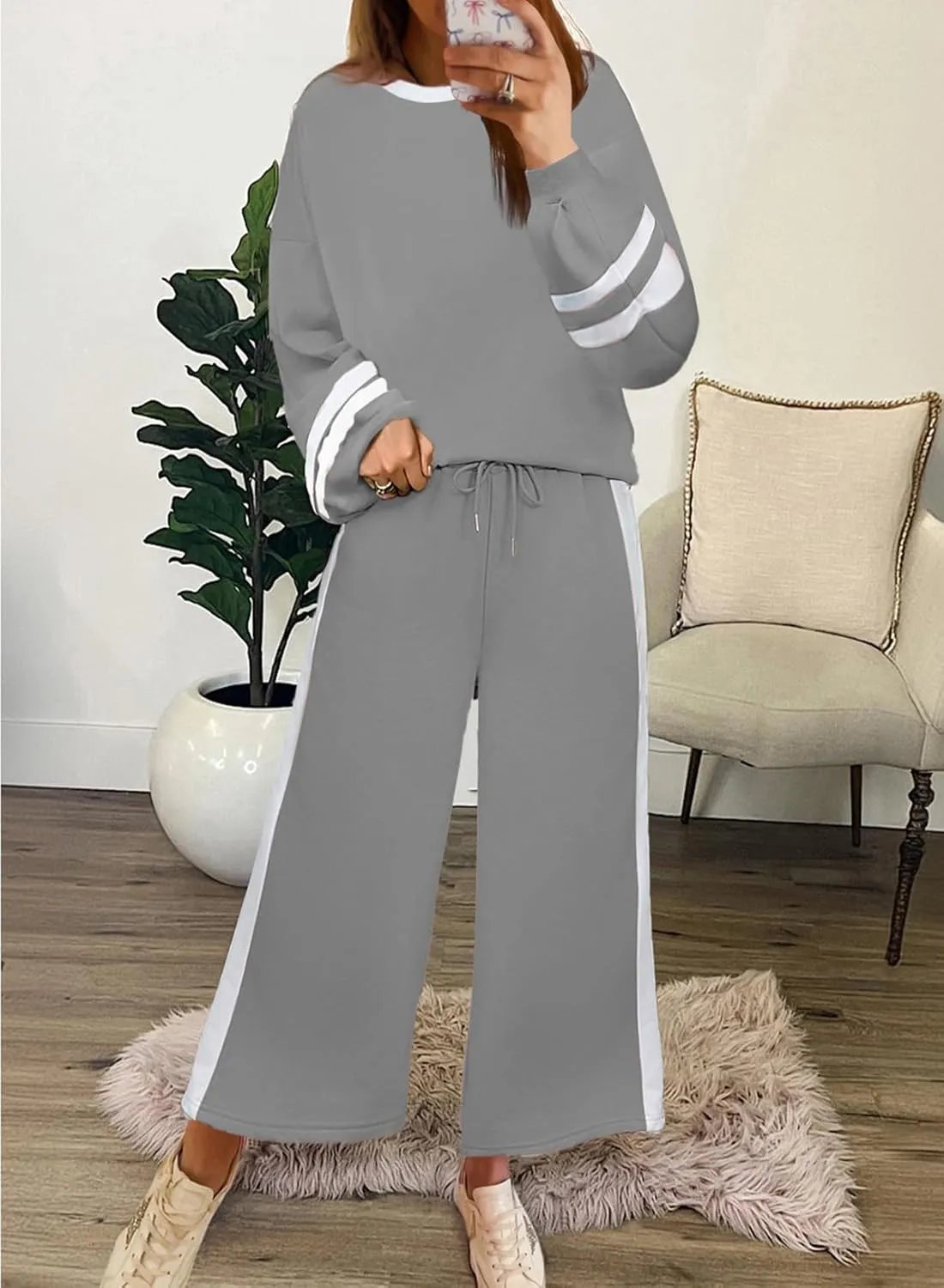 SHEWIN Women's 2 Piece Lounge Sets For Women Casual Striped Long Sleeve Tops and Wide Leg Pants Matching Set