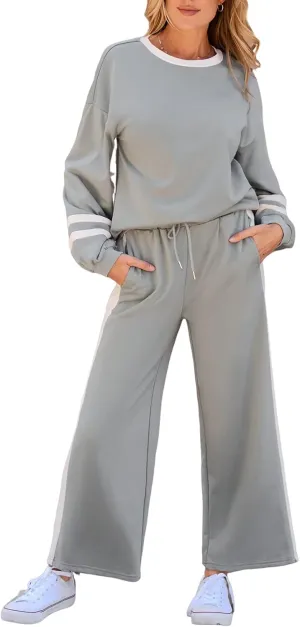 SHEWIN Women's 2 Piece Lounge Sets For Women Casual Striped Long Sleeve Tops and Wide Leg Pants Matching Set