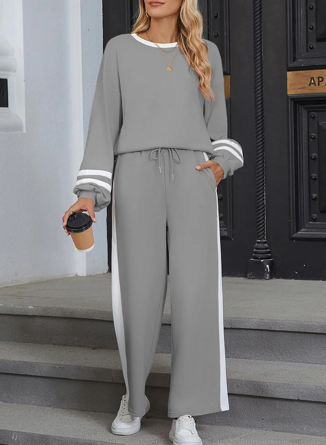 SHEWIN Women's 2 Piece Lounge Sets For Women Casual Striped Long Sleeve Tops and Wide Leg Pants Matching Set
