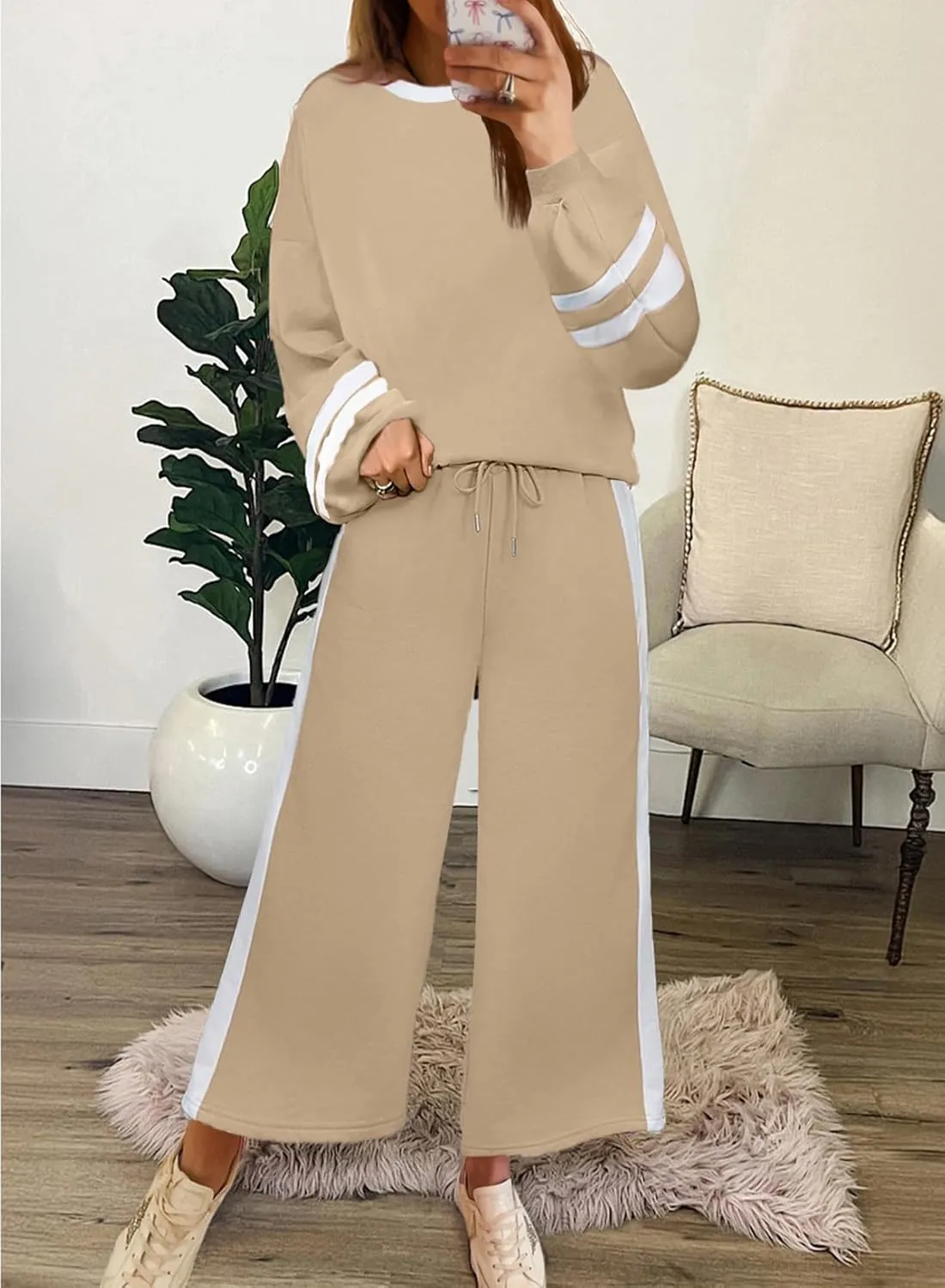 SHEWIN Women's 2 Piece Lounge Sets For Women Casual Striped Long Sleeve Tops and Wide Leg Pants Matching Set