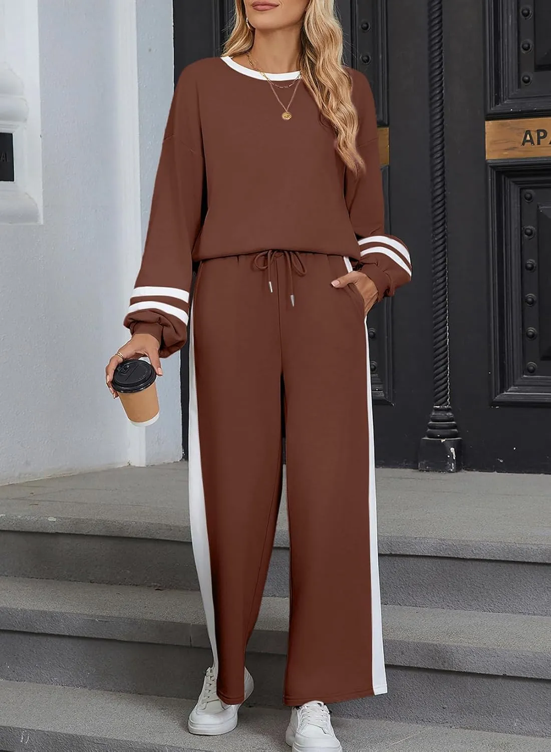 SHEWIN Women's 2 Piece Lounge Sets For Women Casual Striped Long Sleeve Tops and Wide Leg Pants Matching Set