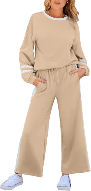 SHEWIN Women's 2 Piece Lounge Sets For Women Casual Striped Long Sleeve Tops and Wide Leg Pants Matching Set