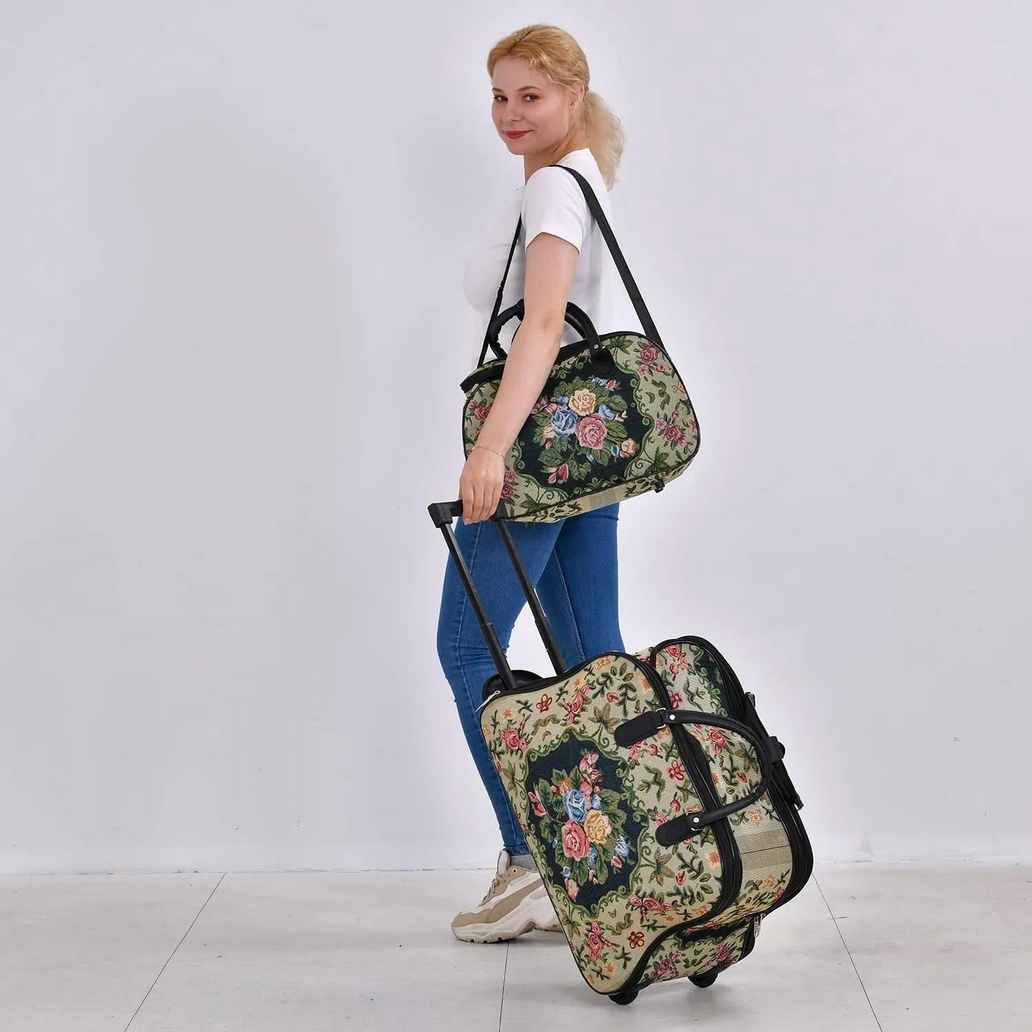 Shop LC Set of 2 Beige with Butterfly Travel Bag - Large Wheeled Rolling Duffel Bag and Small Duffel Bag Mothers Day Gifts