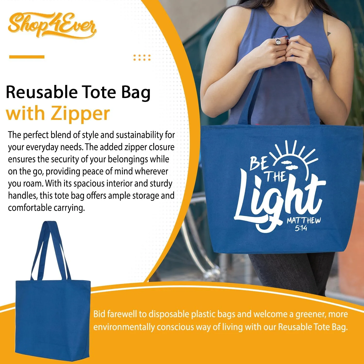 shop4ever Be The Light Matthew 5:14 Heavy Canvas Tote with Zipper Reusable Shopping Bag Bible Verse Christian Gift