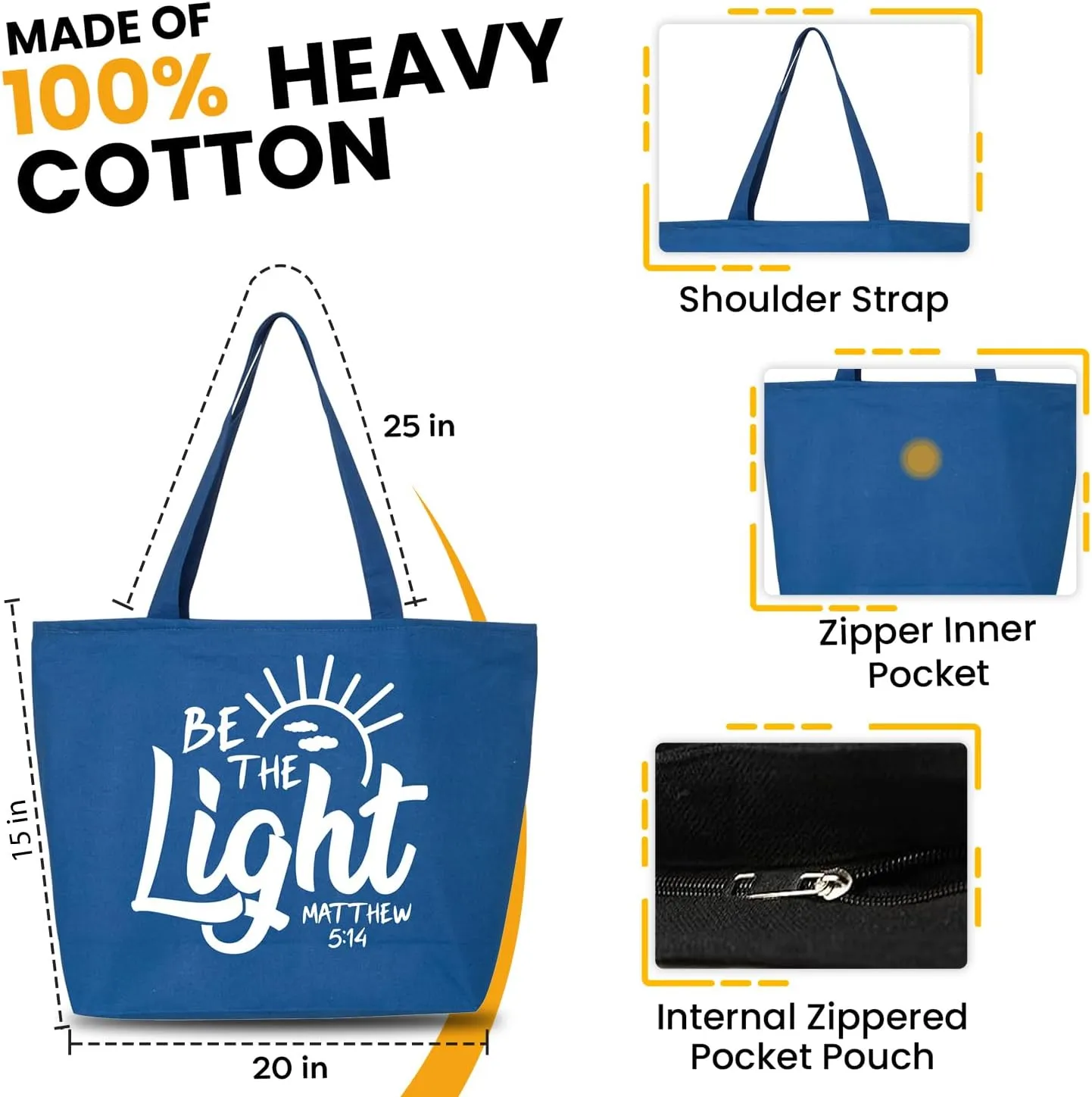 shop4ever Be The Light Matthew 5:14 Heavy Canvas Tote with Zipper Reusable Shopping Bag Bible Verse Christian Gift