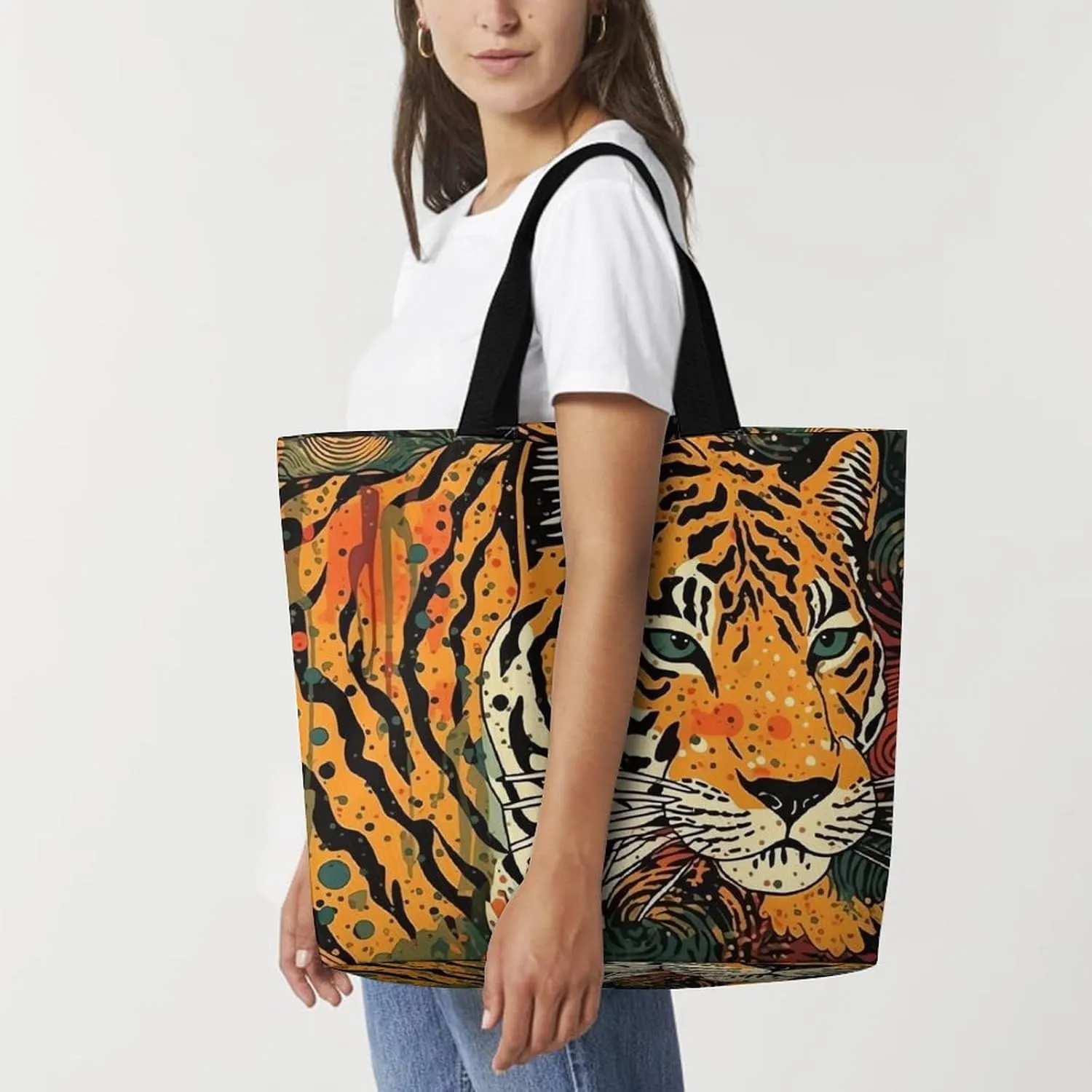 Shopping Bag for Women, Cartoon Fish Print Tote Bag, Large Capacity Shoulder Bags for Groceries Travel