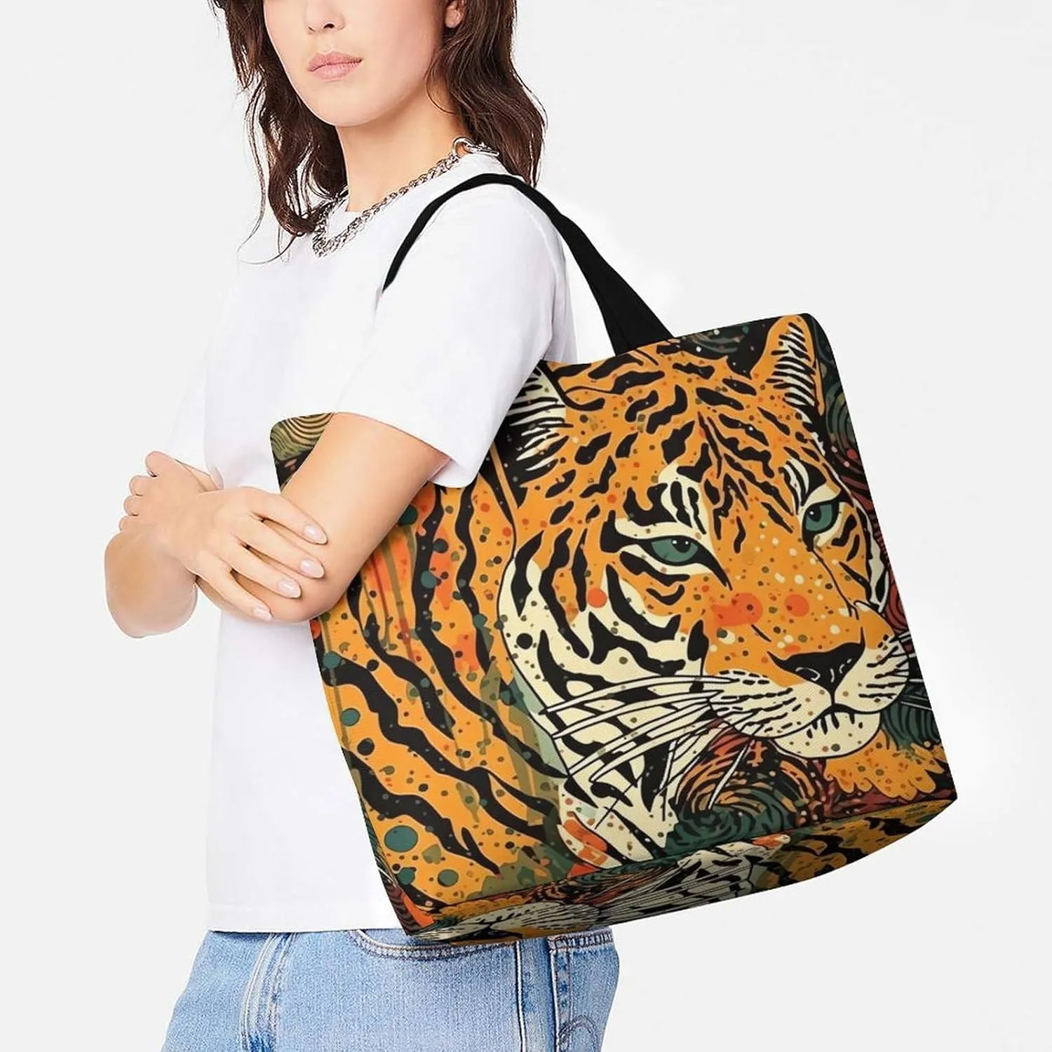 Shopping Bag for Women, Cartoon Fish Print Tote Bag, Large Capacity Shoulder Bags for Groceries Travel