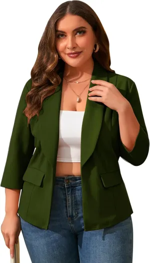 ShopWonder Womens Plus Size Casual Pocketed Blazer Office Open Front 3/4 Sleeve Cardigans Jacket Work Suit