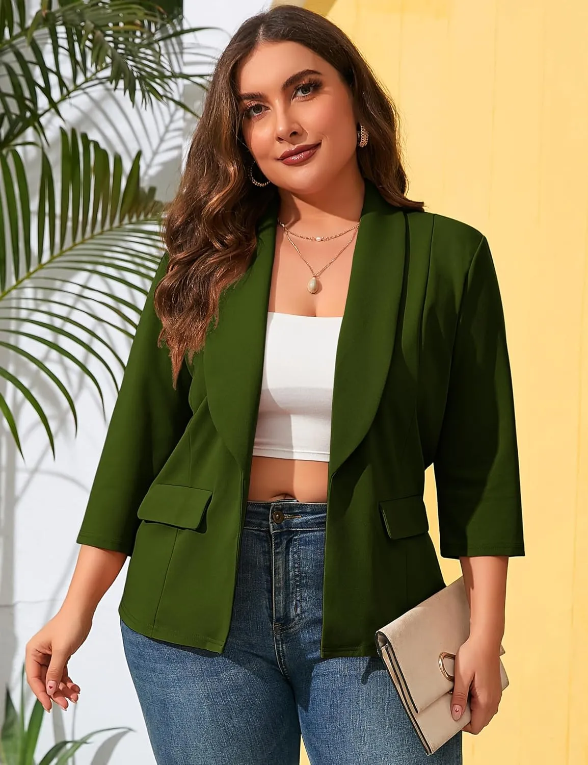 ShopWonder Womens Plus Size Casual Pocketed Blazer Office Open Front 3/4 Sleeve Cardigans Jacket Work Suit