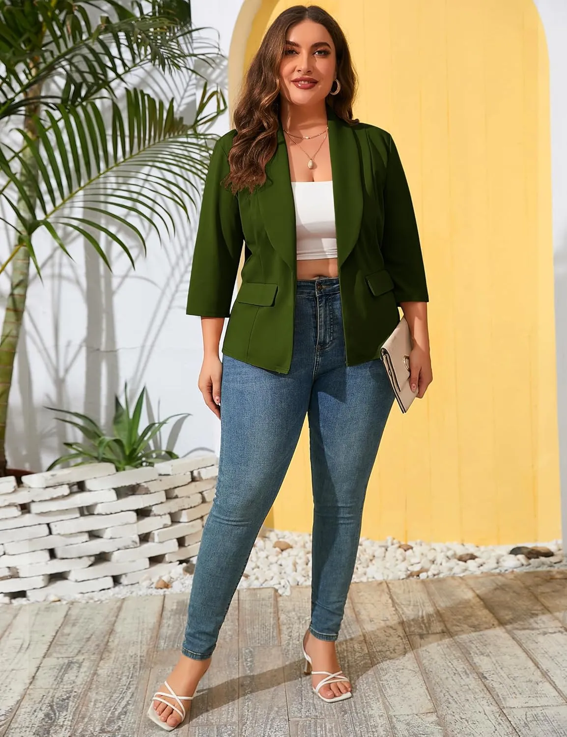 ShopWonder Womens Plus Size Casual Pocketed Blazer Office Open Front 3/4 Sleeve Cardigans Jacket Work Suit