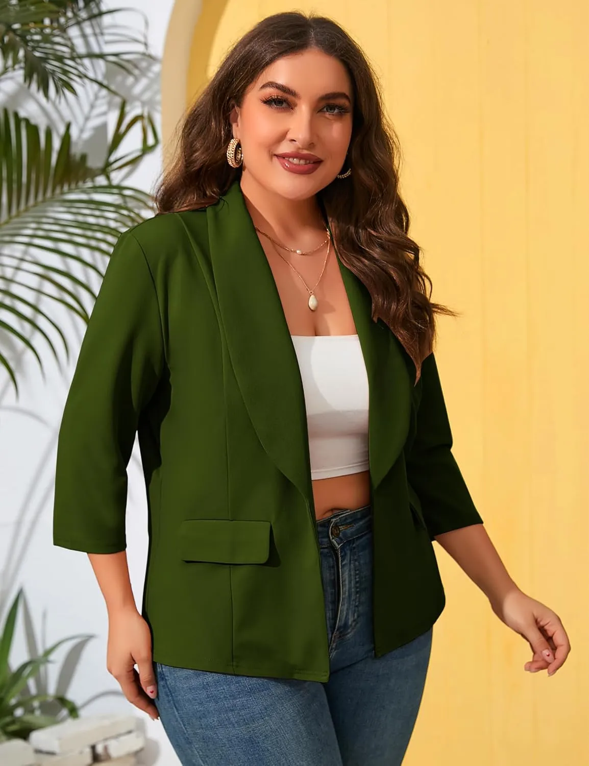 ShopWonder Womens Plus Size Casual Pocketed Blazer Office Open Front 3/4 Sleeve Cardigans Jacket Work Suit