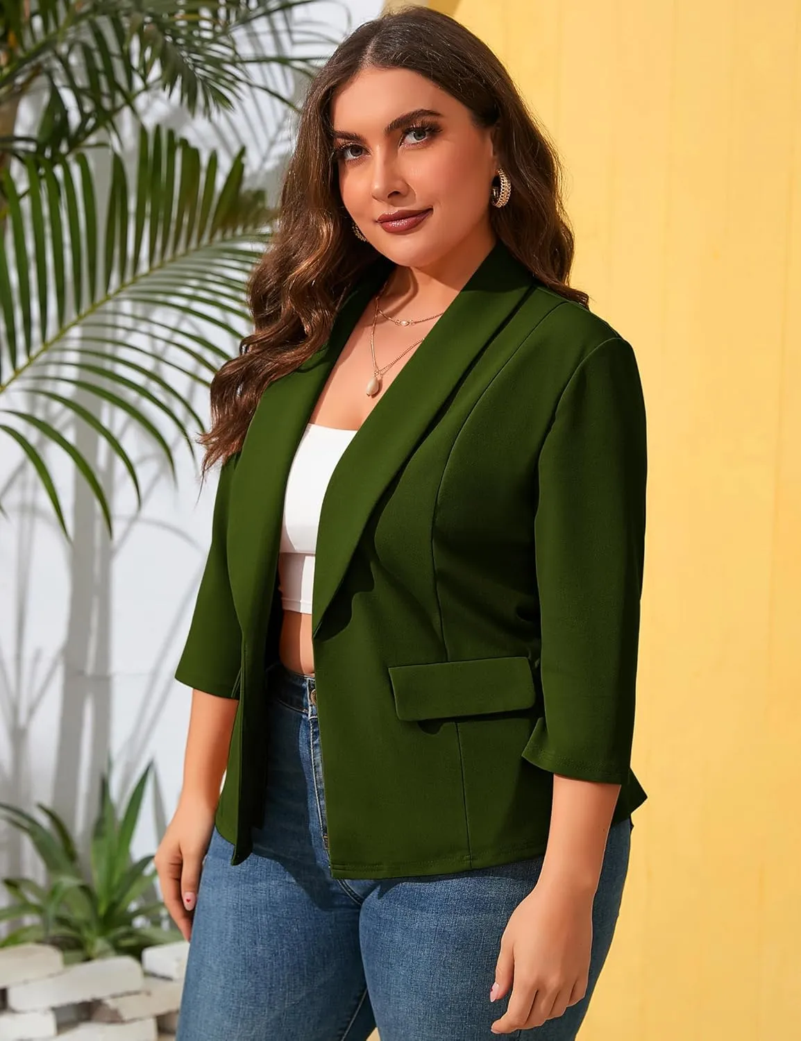 ShopWonder Womens Plus Size Casual Pocketed Blazer Office Open Front 3/4 Sleeve Cardigans Jacket Work Suit