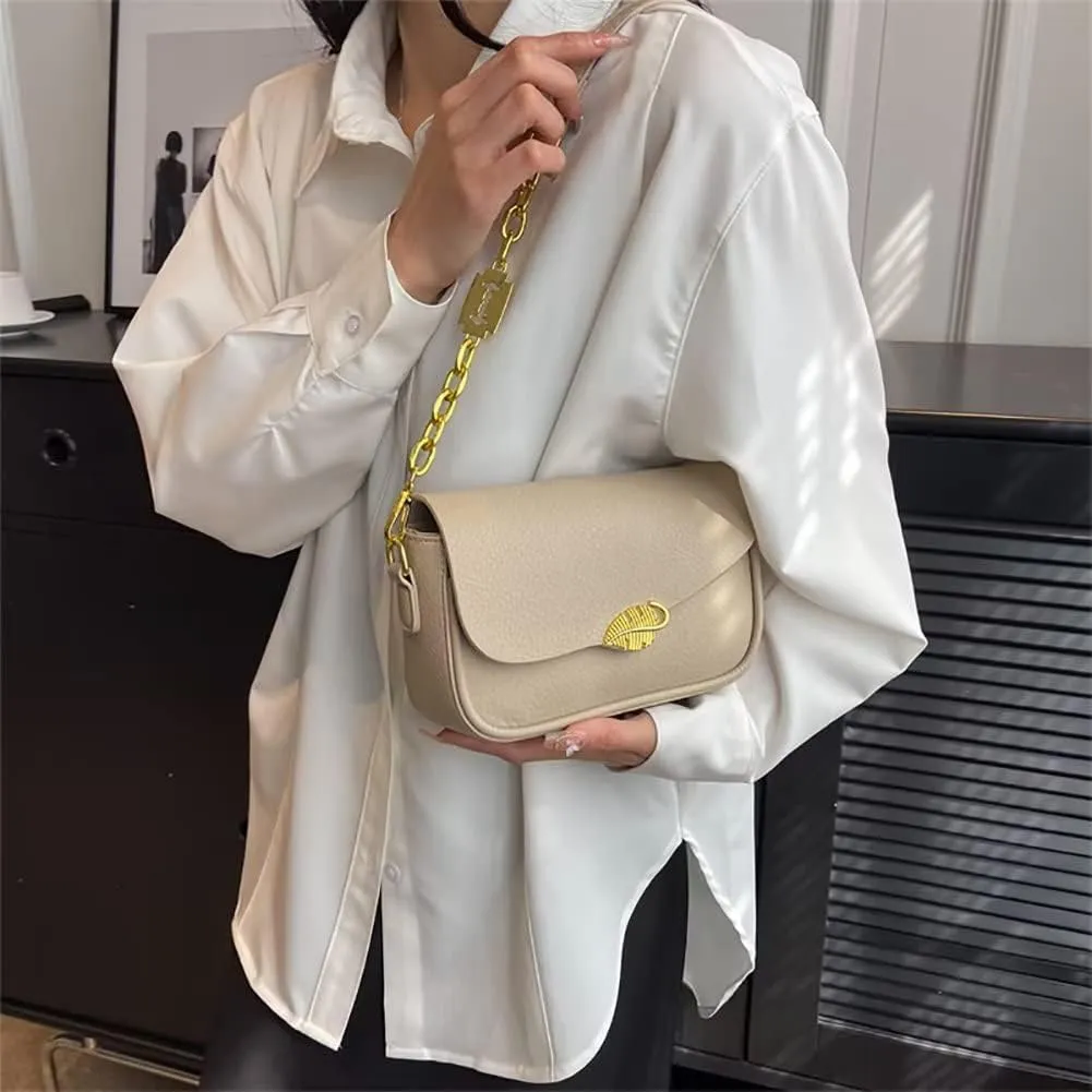 Shoulder Bag for Women Girl Stylish Clutch Handbag Lightweight Chain Purse Fold-over Top Handle Satchel for Daily Use