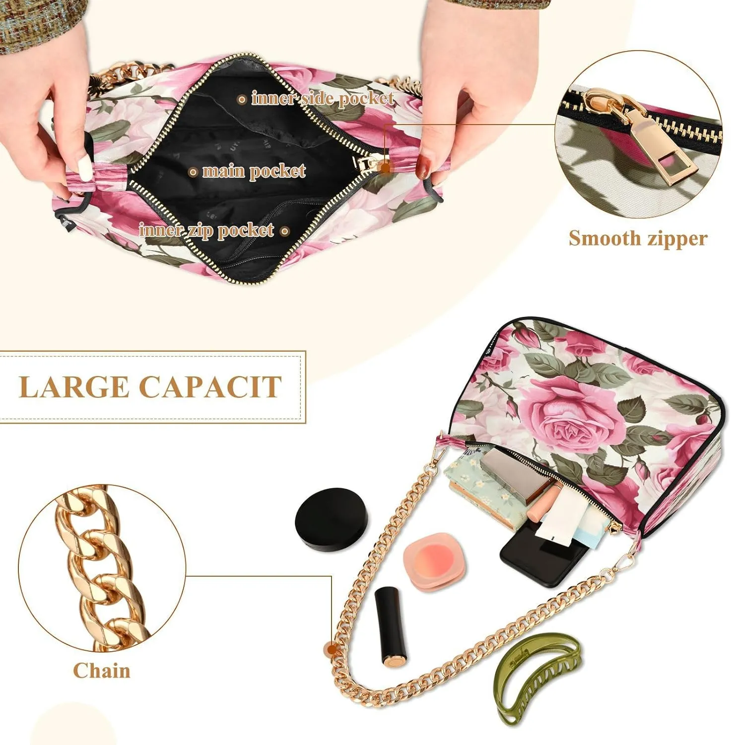 Shoulder Bags for Women Flower Floral Hobo Tote Handbag Small Clutch Purse with Zipper Closure