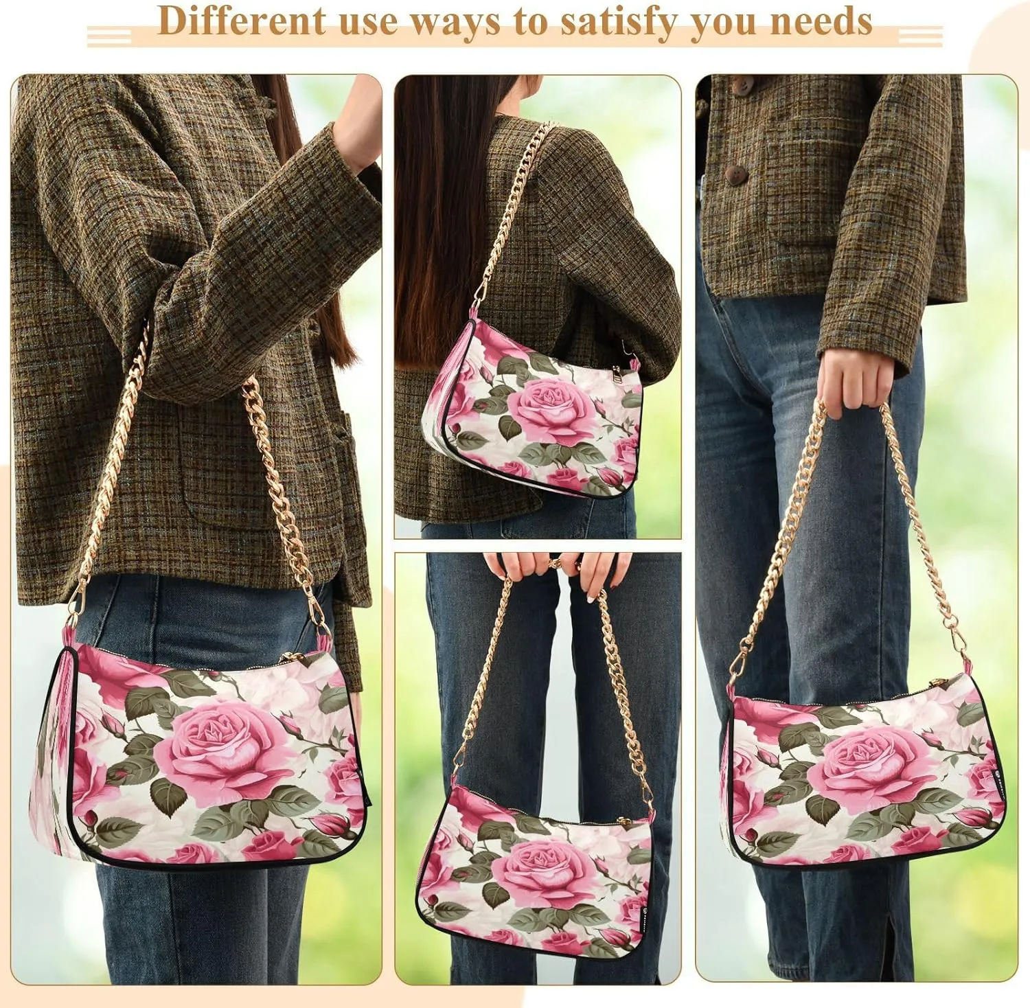 Shoulder Bags for Women Flower Floral Hobo Tote Handbag Small Clutch Purse with Zipper Closure