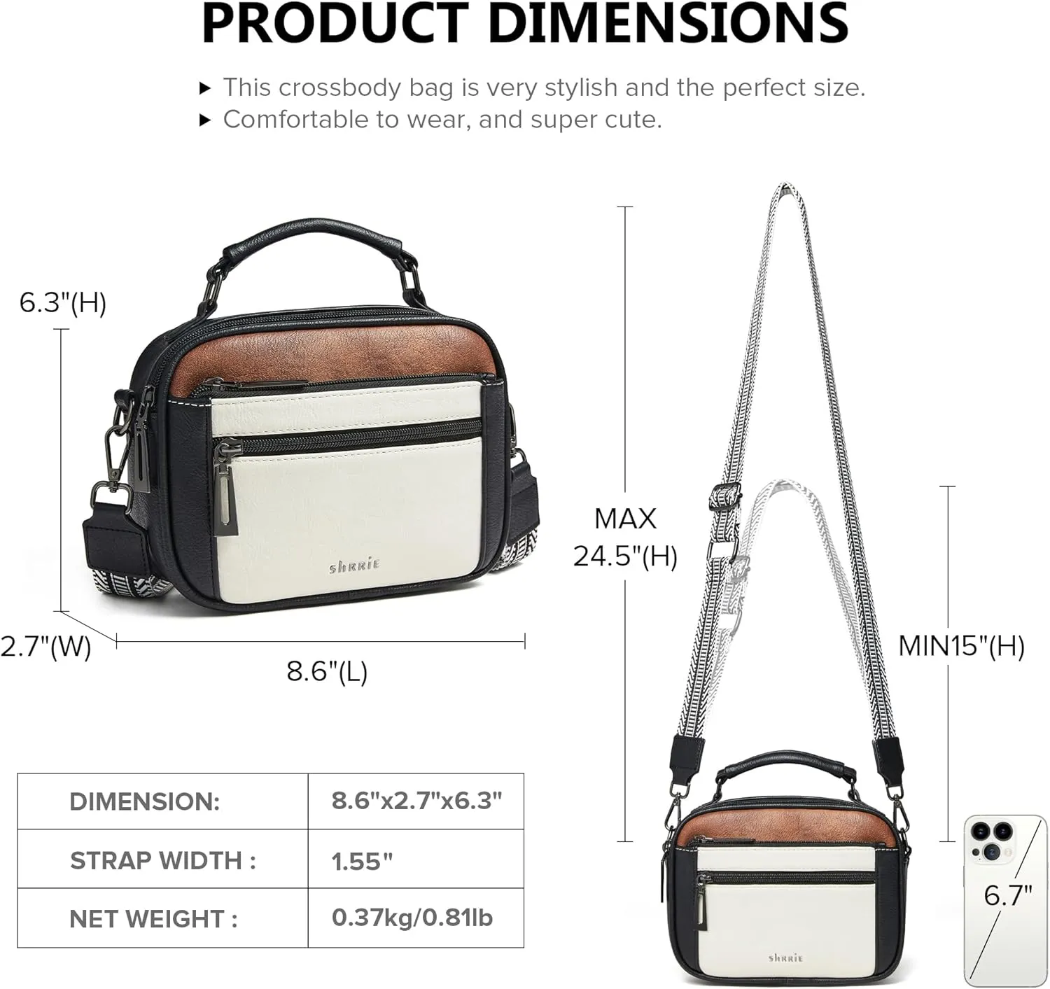 Shrrie Quilted Crossbody Bags for Women - Vegan Leather Crossbody Purses Triple Pocket Small Purses for Women Wide Strap
