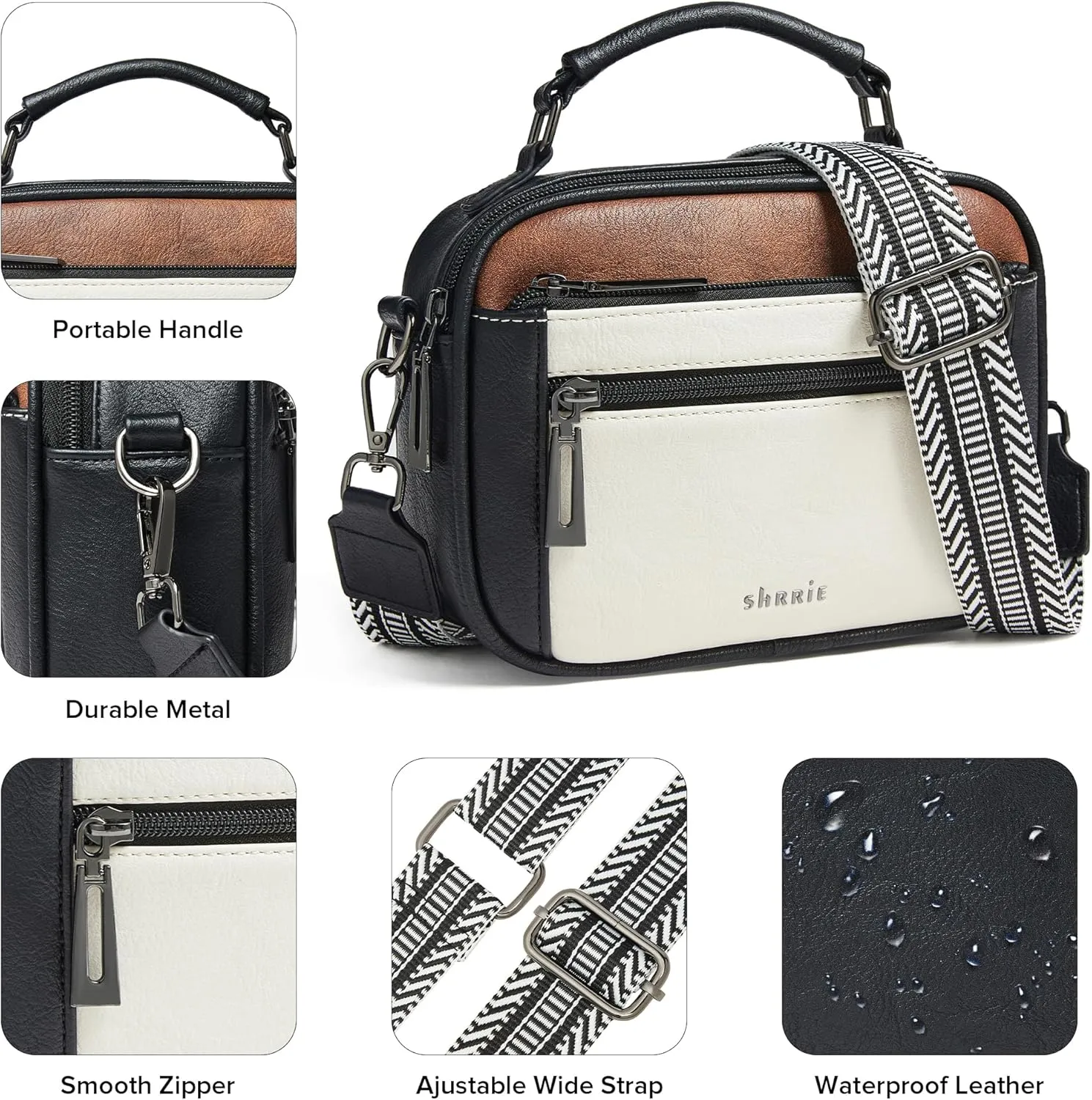 Shrrie Quilted Crossbody Bags for Women - Vegan Leather Crossbody Purses Triple Pocket Small Purses for Women Wide Strap