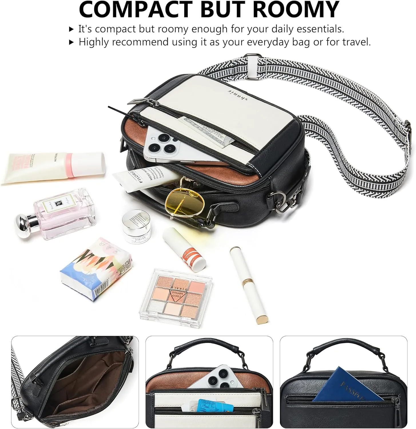 Shrrie Quilted Crossbody Bags for Women - Vegan Leather Crossbody Purses Triple Pocket Small Purses for Women Wide Strap
