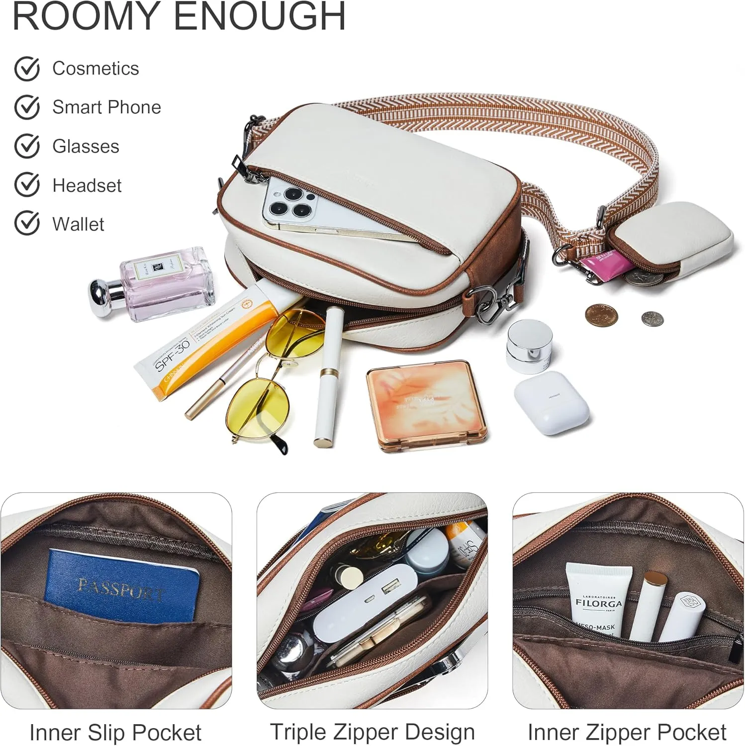 Shrrie Quilted Crossbody Bags for Women - Vegan Leather Crossbody Purses Triple Pocket Small Purses for Women Wide Strap