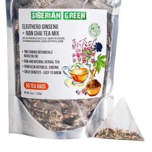 Siberian Green Ginseng Root Rosebay Ivan Tea Mix – 50Pcs Natural and Pure Tea Bags from Siberia – Non-GMO Infusion Bags with Rosebay Ivan – Equal Plant Ratio – Easy Brewing Method