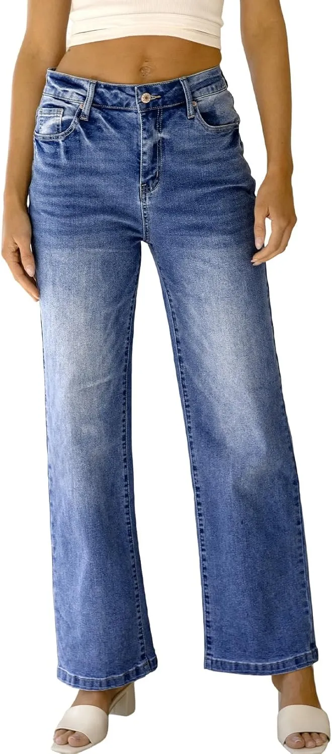 Sidefeel Women's Wide Leg Jeans Casual High Waisted Straight Zimbaplatinum Denim Pants with Pockets