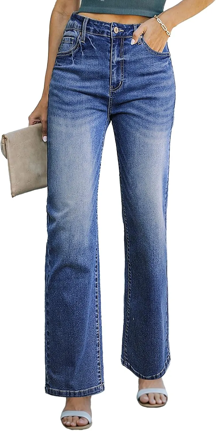 Sidefeel Women's Wide Leg Jeans Casual High Waisted Straight Zimbaplatinum Denim Pants with Pockets