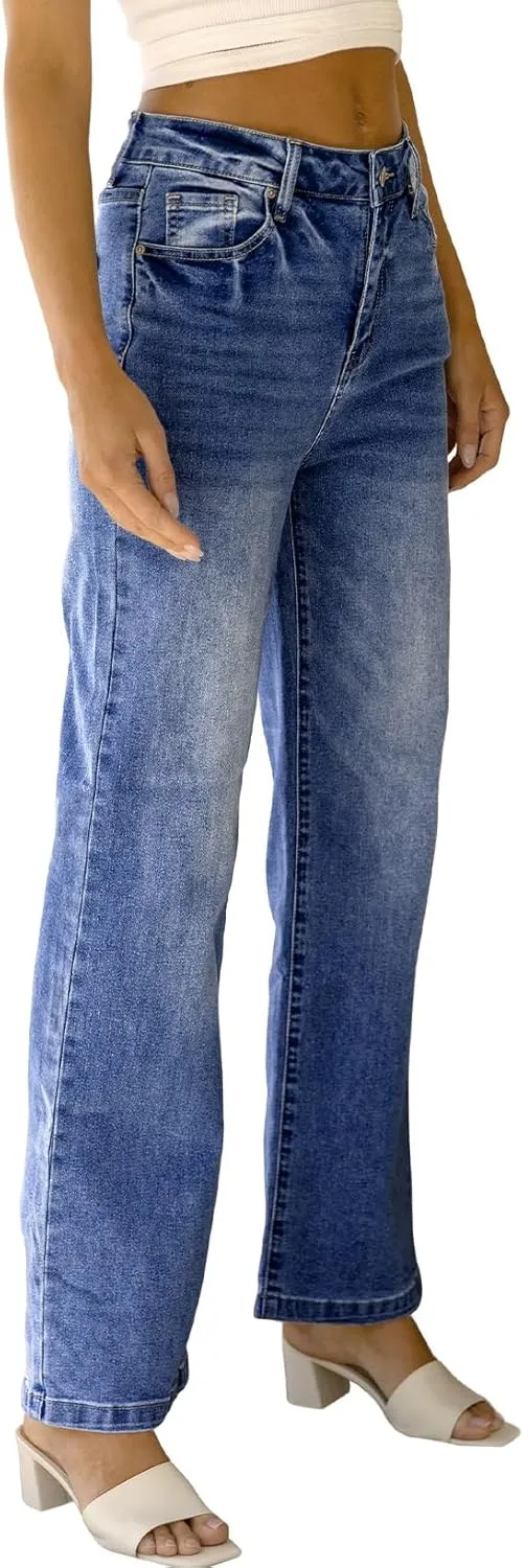 Sidefeel Women's Wide Leg Jeans Casual High Waisted Straight Zimbaplatinum Denim Pants with Pockets