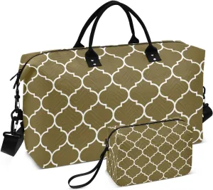 Sinestour Army Green Moroccan Tile Travel Duffel Bag for Men Women with Makeup Bag Weekend Overnight Carry On Bags for Under Seat Travel Airline