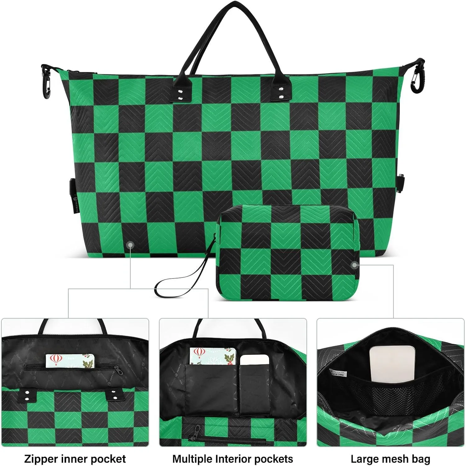 Sinestour Black Green Squares Travel Duffel Bag for Men Women with Makeup Bag Weekend Overnight Carry On Bags for Travel Hospital Gym