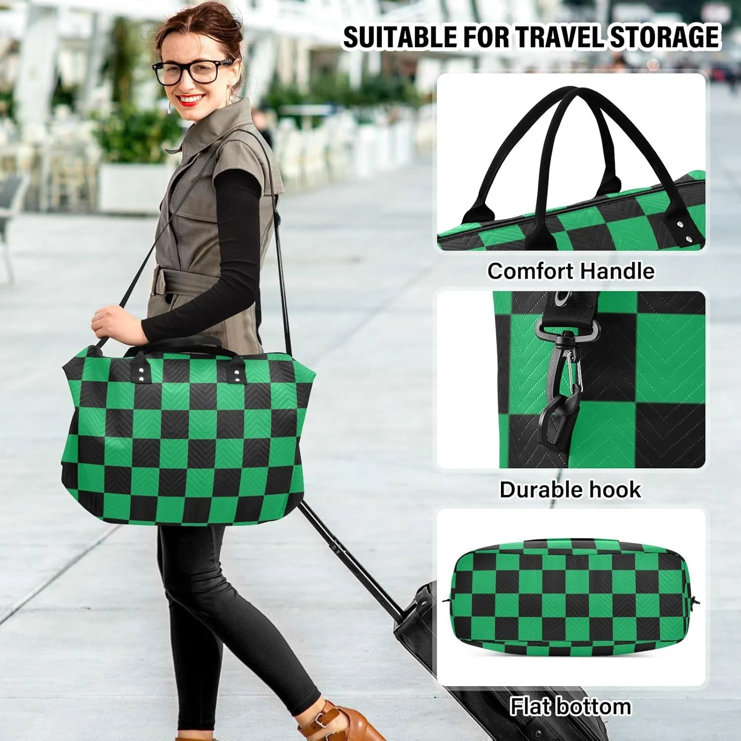 Sinestour Black Green Squares Travel Duffel Bag for Men Women with Makeup Bag Weekend Overnight Carry On Bags for Travel Hospital Gym
