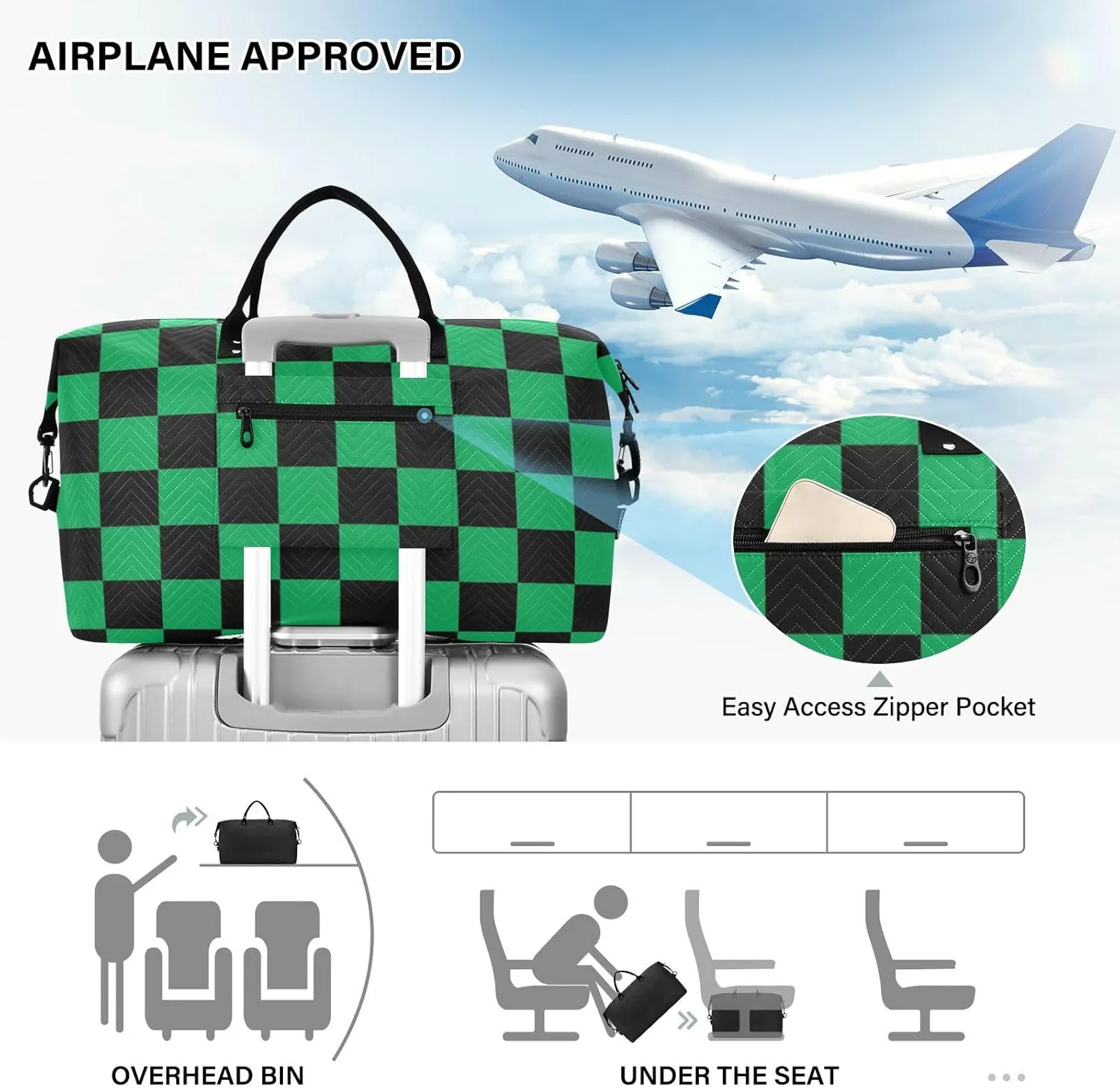 Sinestour Black Green Squares Travel Duffel Bag for Men Women with Makeup Bag Weekend Overnight Carry On Bags for Travel Hospital Gym