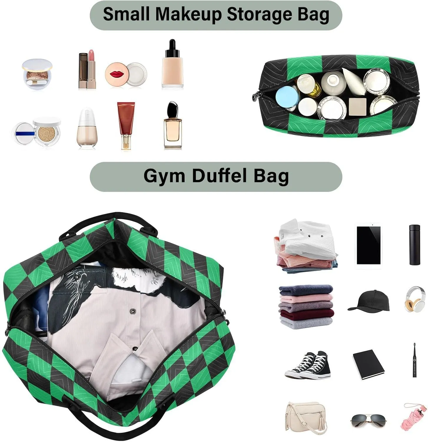 Sinestour Black Green Squares Travel Duffel Bag for Men Women with Makeup Bag Weekend Overnight Carry On Bags for Travel Hospital Gym
