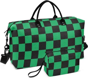 Sinestour Black Green Squares Travel Duffel Bag for Men Women with Makeup Bag Weekend Overnight Carry On Bags for Travel Hospital Gym