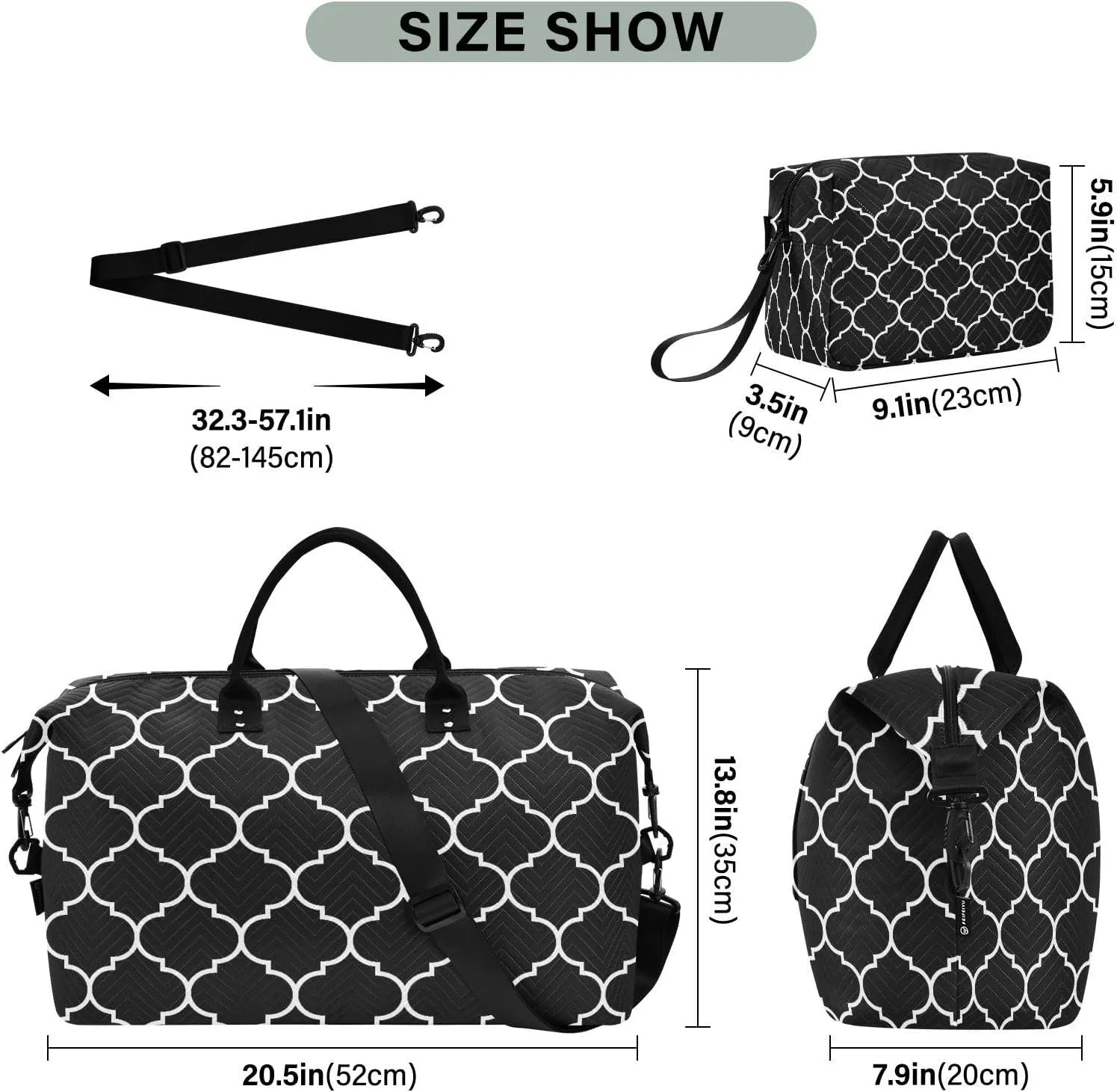 Sinestour Black Moroccan Tile Travel Duffel Bag for Men Women with Makeup Bag Weekend Overnight Carry On Bags for Travel Gym Yoga