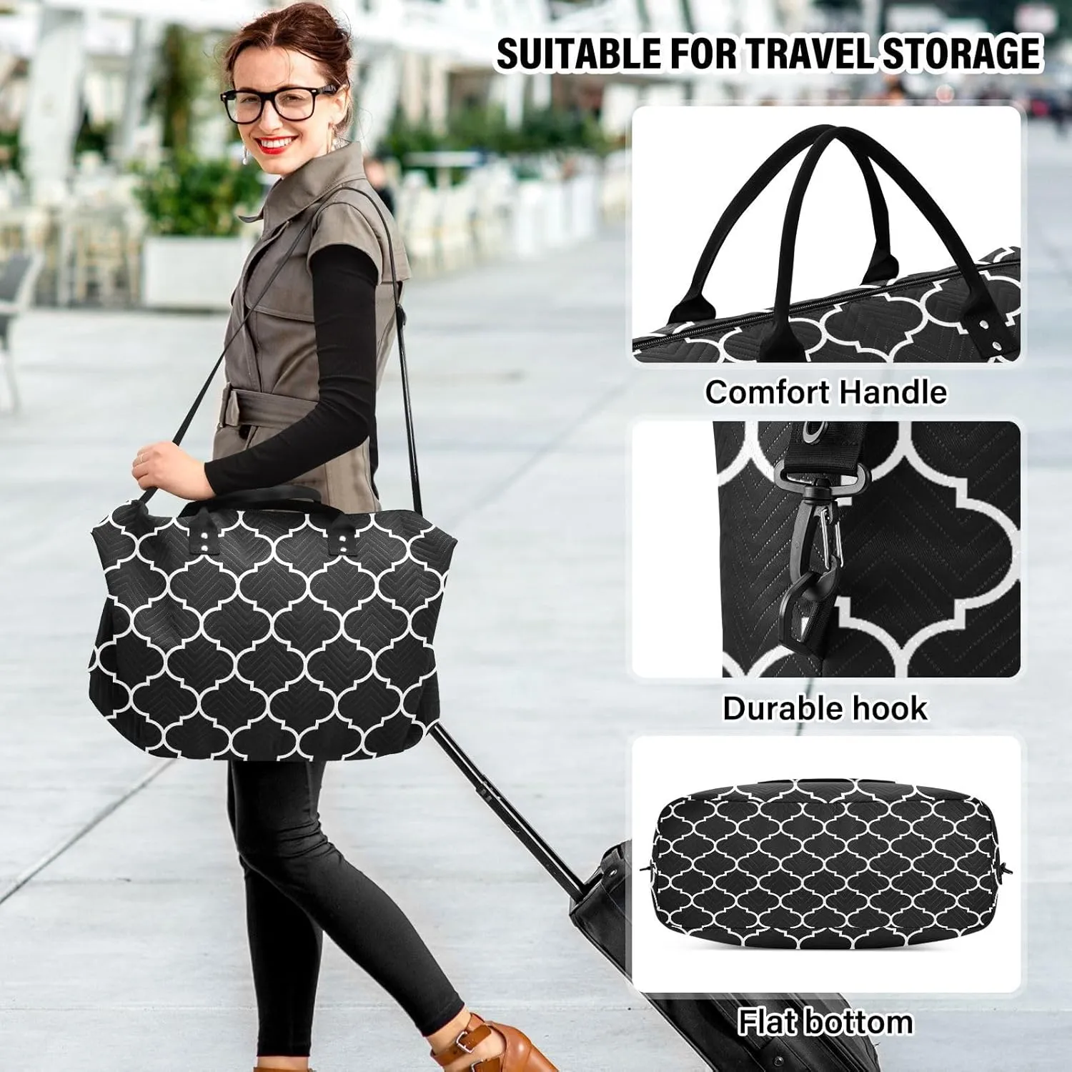 Sinestour Black Moroccan Tile Travel Duffel Bag for Men Women with Makeup Bag Weekend Overnight Carry On Bags for Travel Gym Yoga