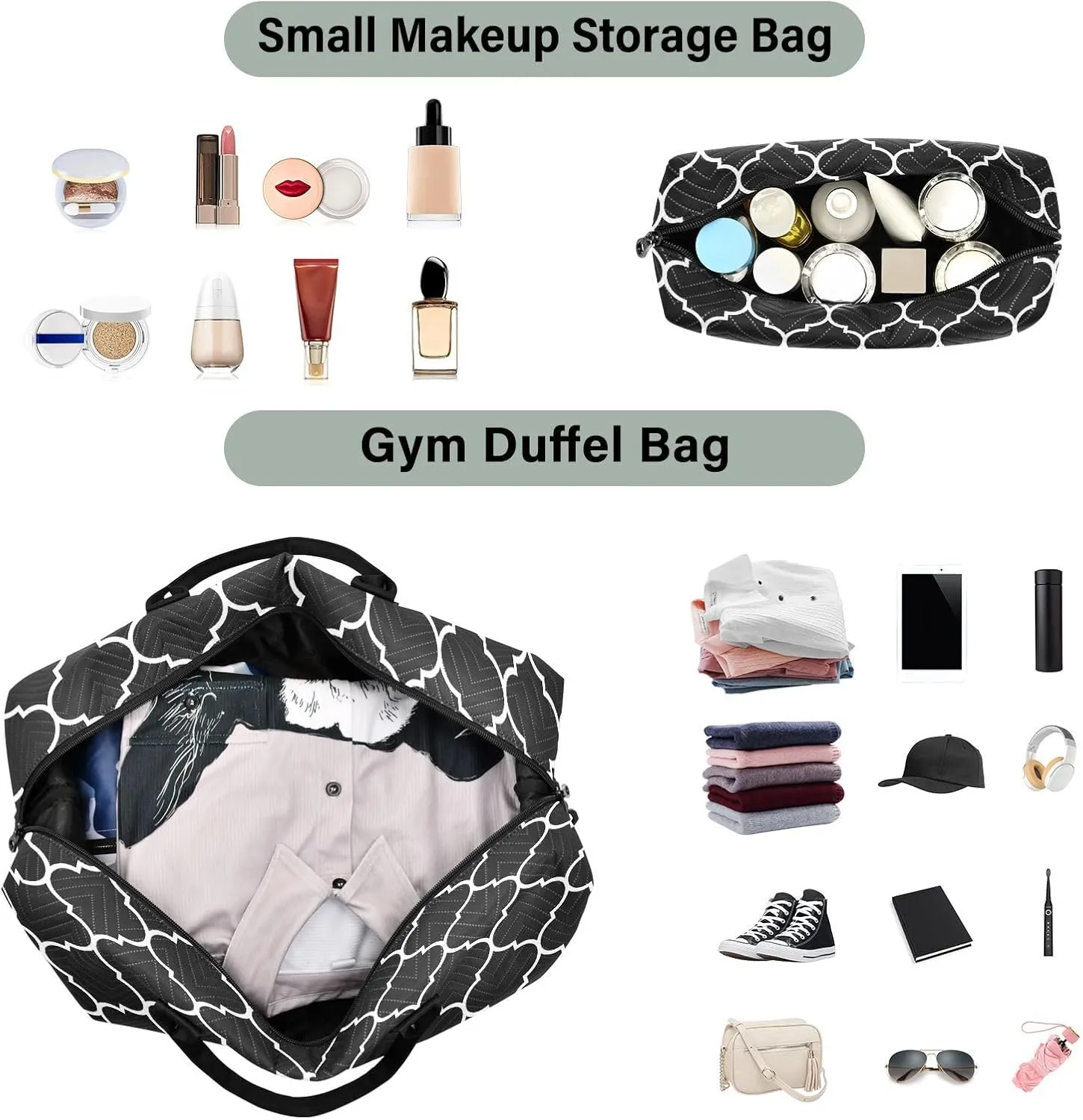 Sinestour Black Moroccan Tile Travel Duffel Bag for Men Women with Makeup Bag Weekend Overnight Carry On Bags for Travel Gym Yoga