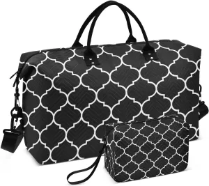 Sinestour Black Moroccan Tile Travel Duffel Bag for Men Women with Makeup Bag Weekend Overnight Carry On Bags for Travel Gym Yoga