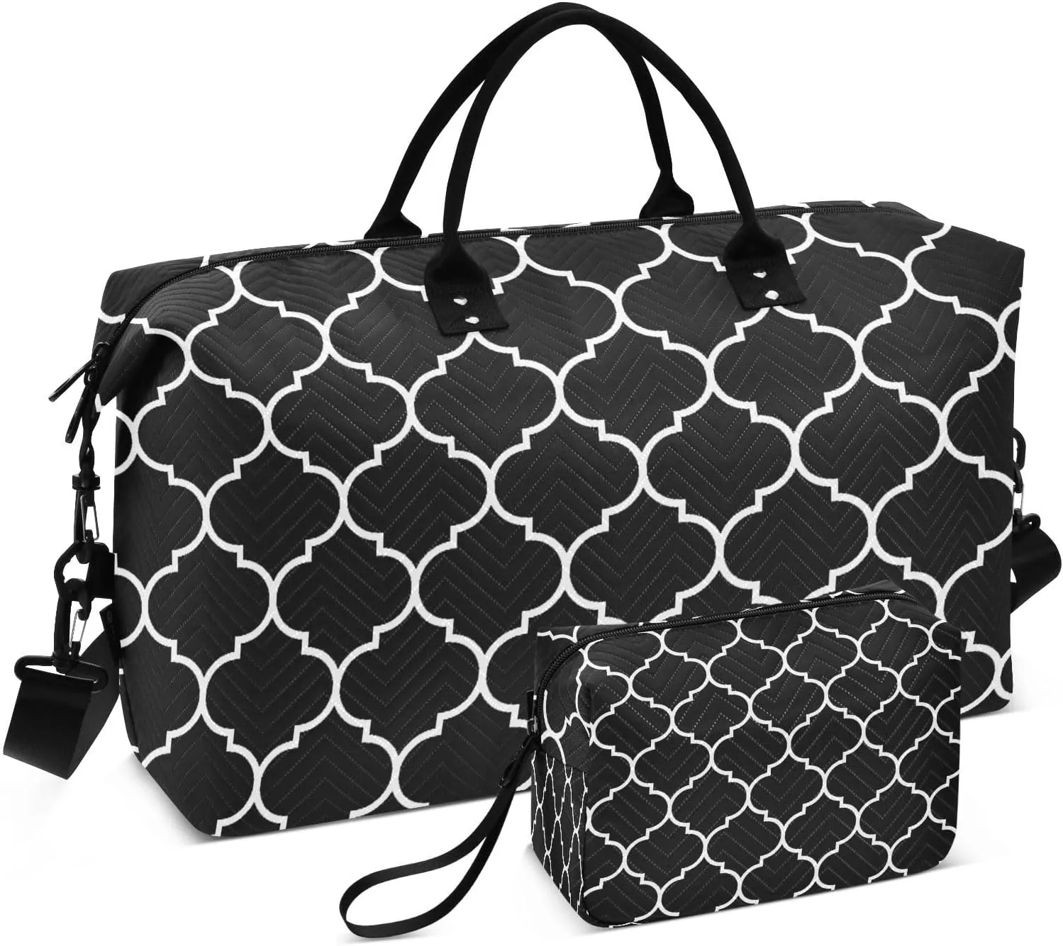 Sinestour Black Moroccan Tile Travel Duffel Bag for Men Women with Makeup Bag Weekend Overnight Carry On Bags for Travel Gym Yoga