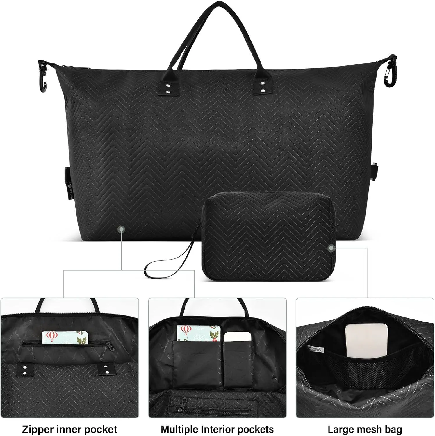 Sinestour Black Travel Duffel Bag for Men Women with Makeup Bag Weekend Overnight Carry On Bags for Getaway Weekend Travel