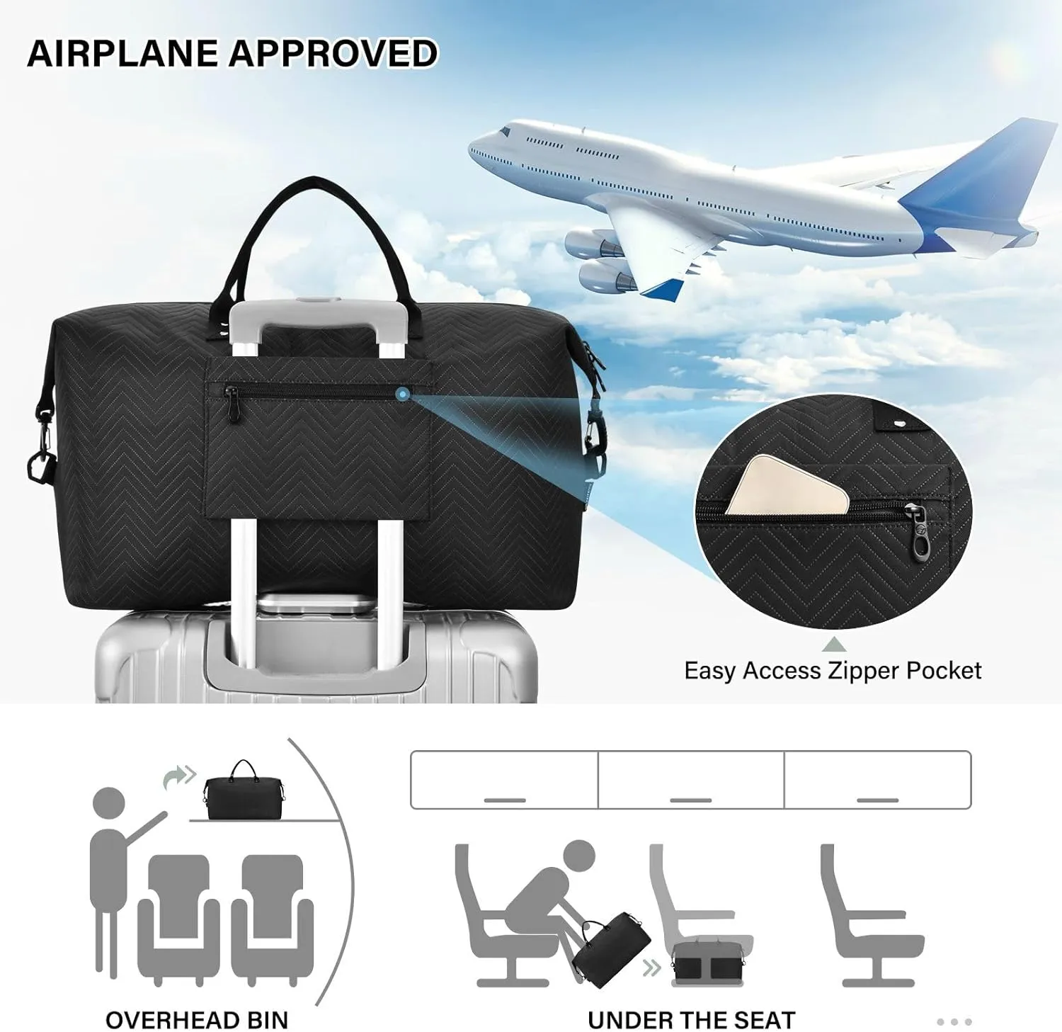 Sinestour Black Travel Duffel Bag for Men Women with Makeup Bag Weekend Overnight Carry On Bags for Getaway Weekend Travel