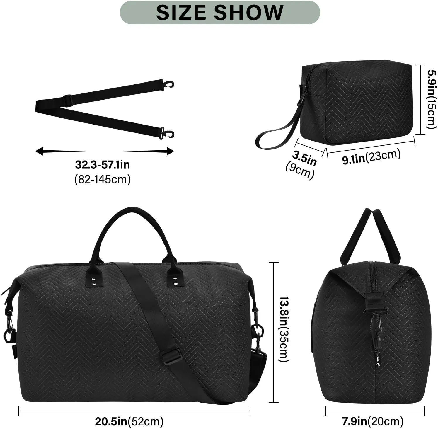 Sinestour Black Travel Duffel Bag for Men Women with Makeup Bag Weekend Overnight Carry On Bags for Getaway Weekend Travel