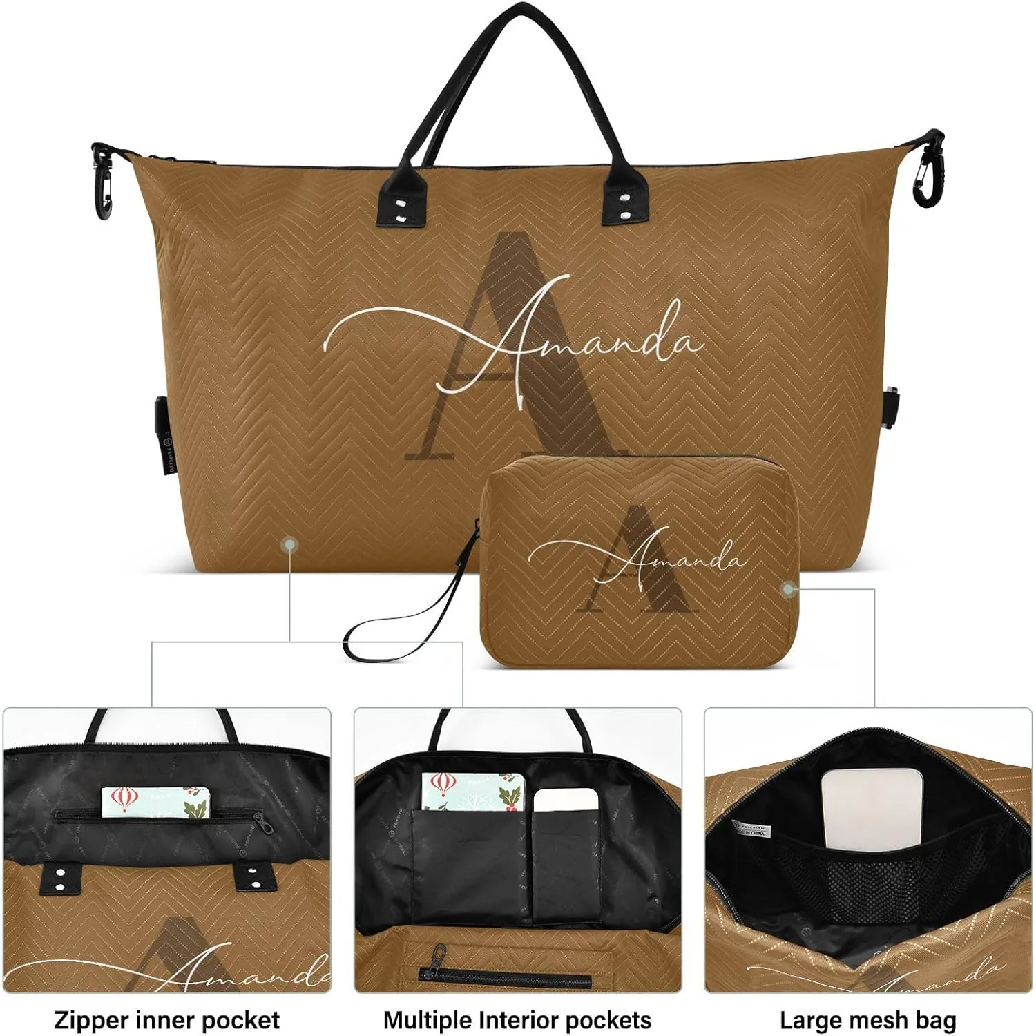 Sinestour Brown Custom Travel Duffel Bag for Men Women with Makeup Bag Personalized Weekend Overnight Carry On Bags for Hospital Travel Gym