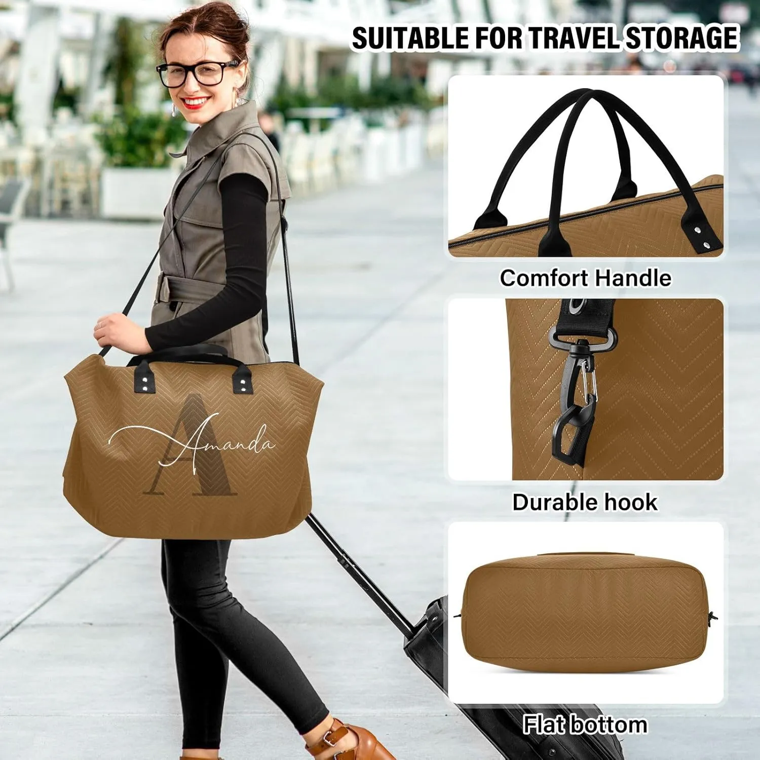 Sinestour Brown Custom Travel Duffel Bag for Men Women with Makeup Bag Personalized Weekend Overnight Carry On Bags for Hospital Travel Gym