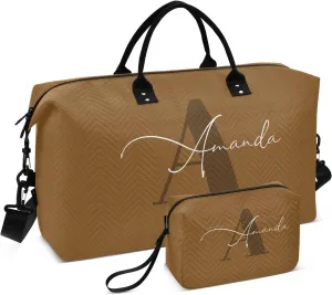 Sinestour Brown Custom Travel Duffel Bag for Men Women with Makeup Bag Personalized Weekend Overnight Carry On Bags for Hospital Travel Gym