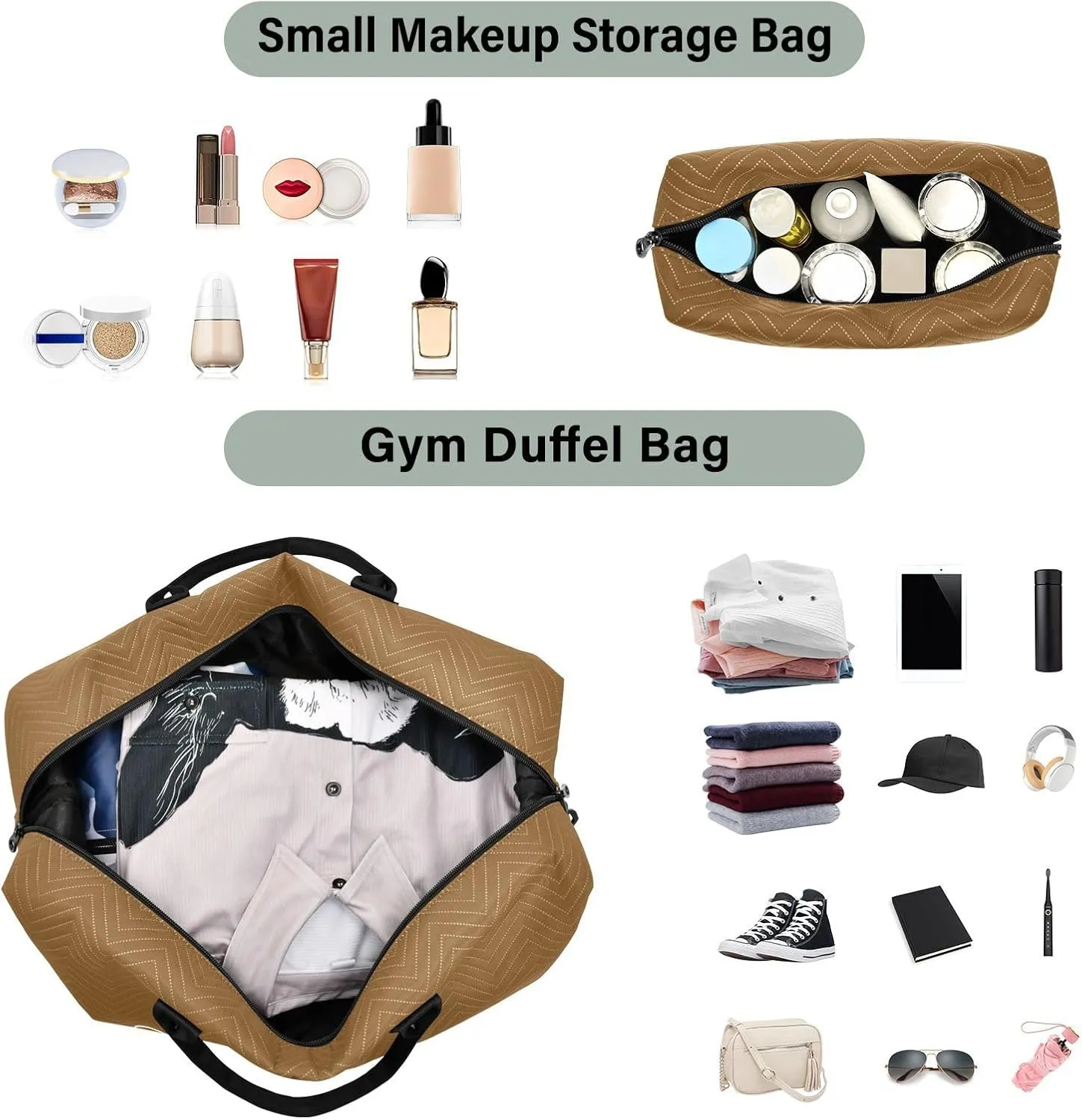 Sinestour Brown Custom Travel Duffel Bag for Men Women with Makeup Bag Personalized Weekend Overnight Carry On Bags for Hospital Travel Gym