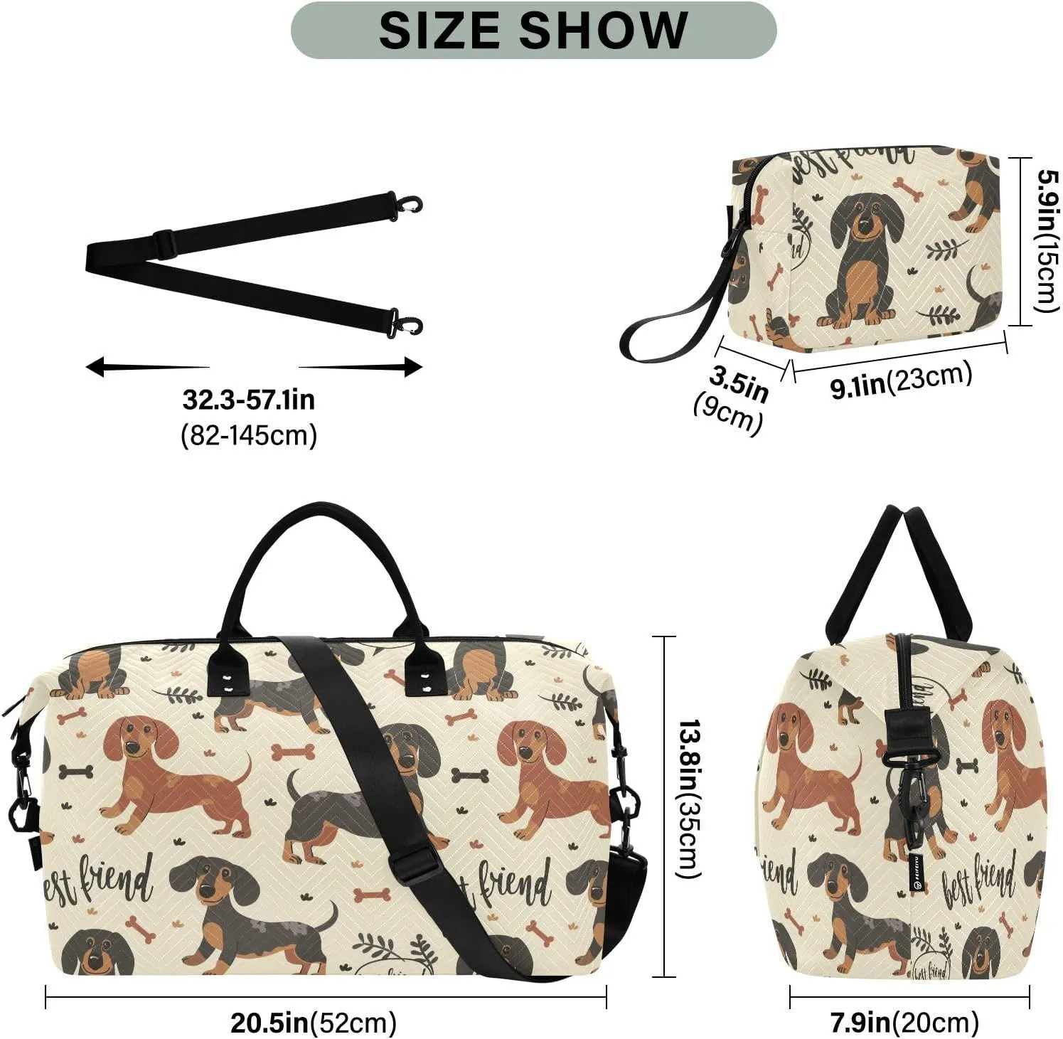 Sinestour Brown Dachshund Dog Travel Duffel Bag for Men Women with Makeup Bag Weekend Overnight Carry On Bags for Under Seat Travel Airline