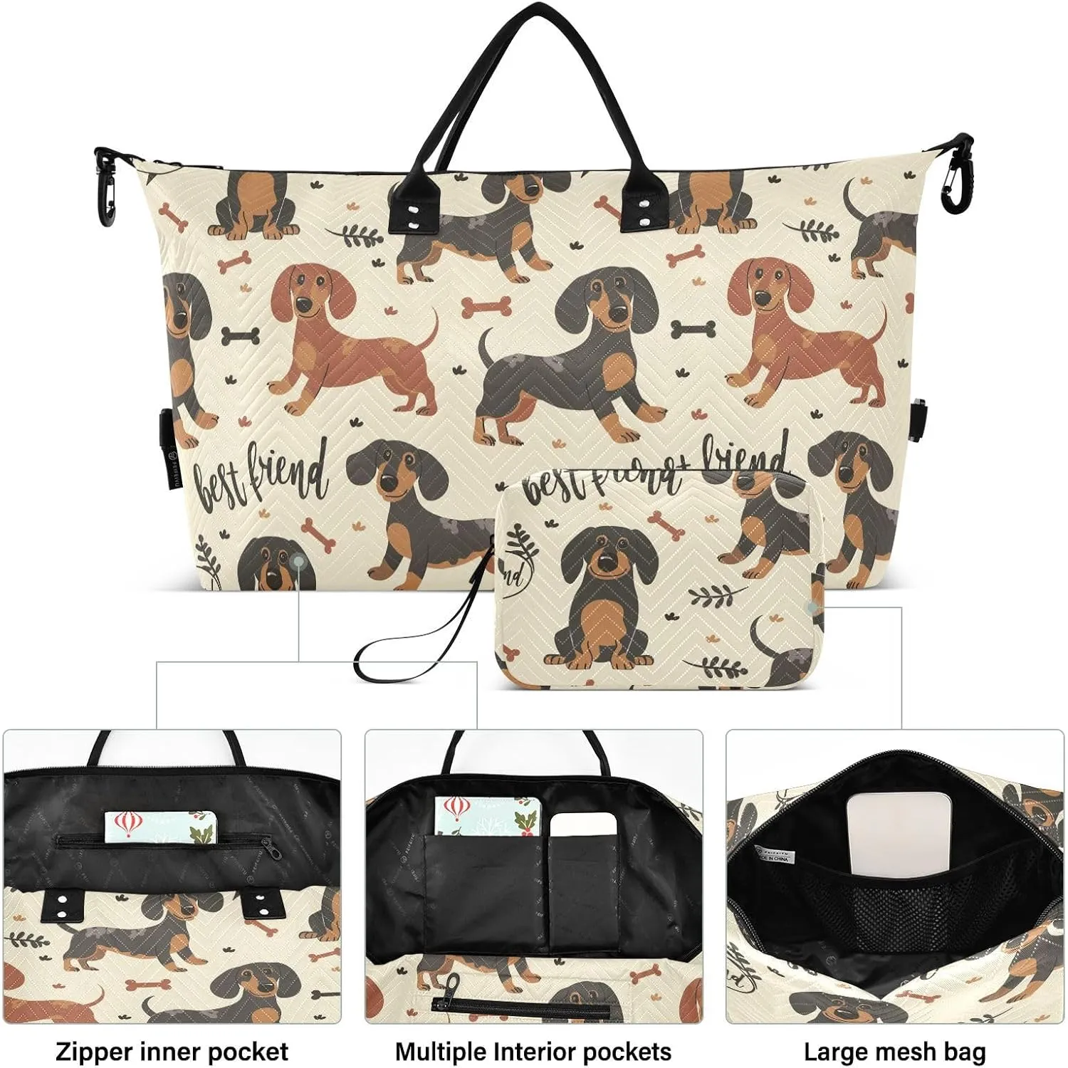 Sinestour Brown Dachshund Dog Travel Duffel Bag for Men Women with Makeup Bag Weekend Overnight Carry On Bags for Under Seat Travel Airline